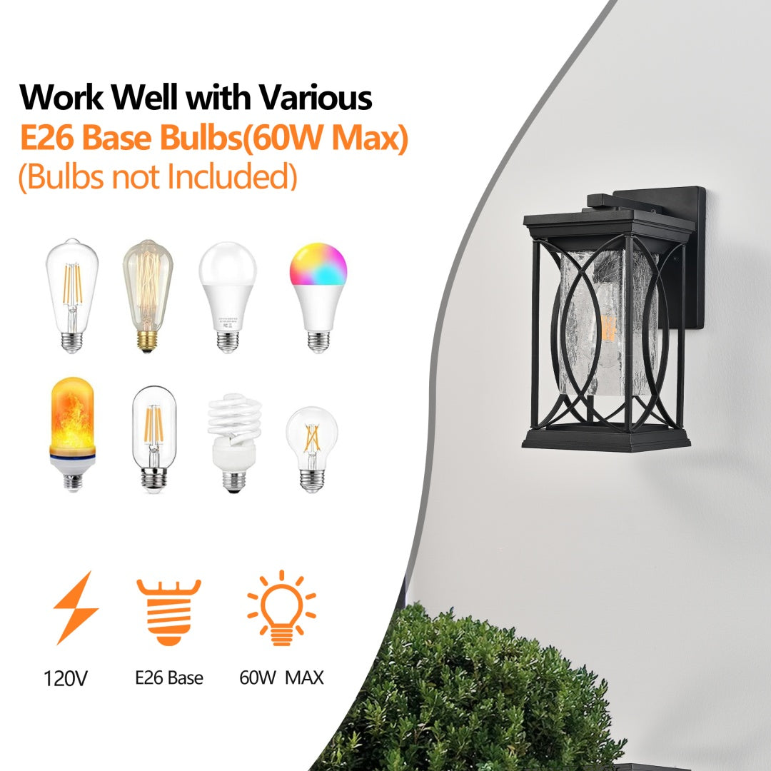 14in H 1-pack Black Outdoor Wall Lantern With Crackled Glass, Weather-Resistant Exterior Light Fixture For Porch, Patio, And Entryway, Modern Decorative Wall Sconce With E26 Base  Bulb Not Included