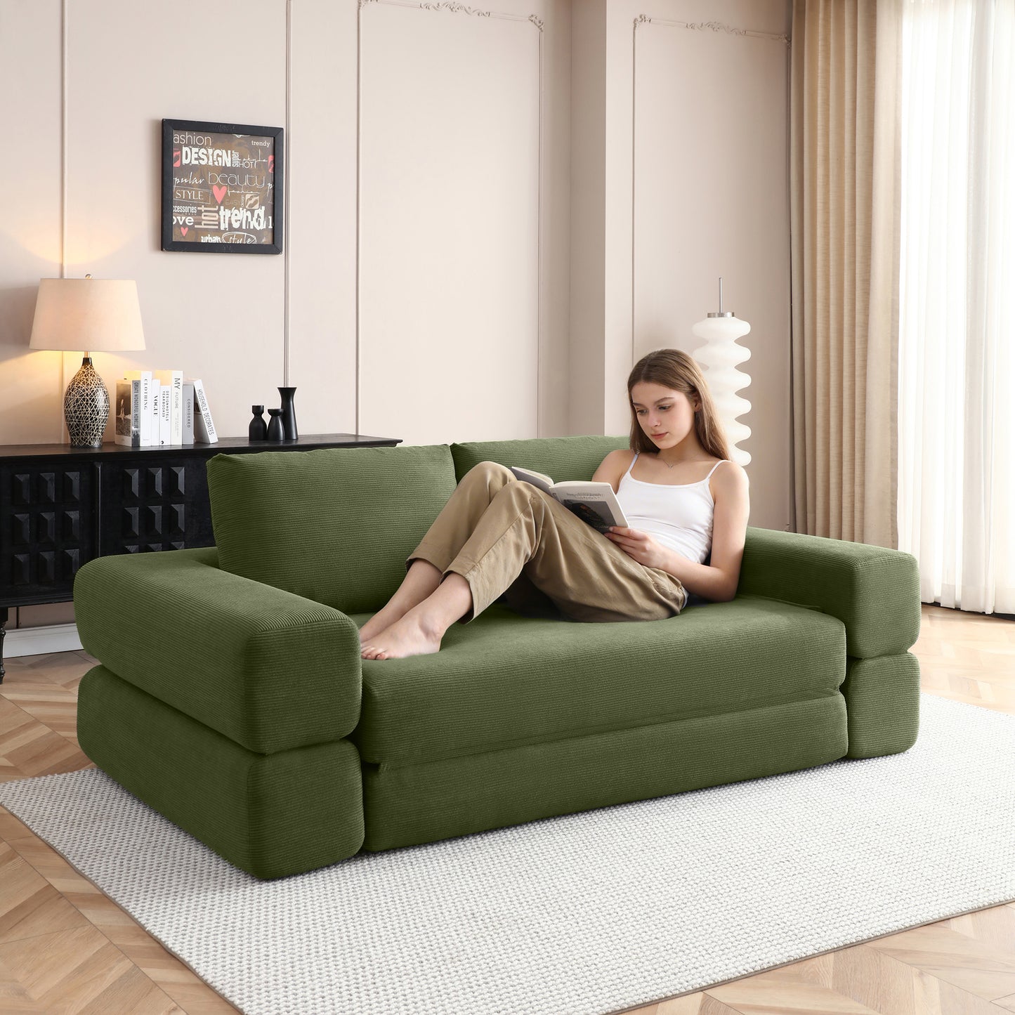 81 Convertible Sofa Bed,3 In 1 Folding Floor Couch Corduroy Fold Out Couch Bed Futon Sleeper Mattress With Pillows,Boneless Sofa Comfy Lounge Loveseat For Living Room, Bedroom, Green
