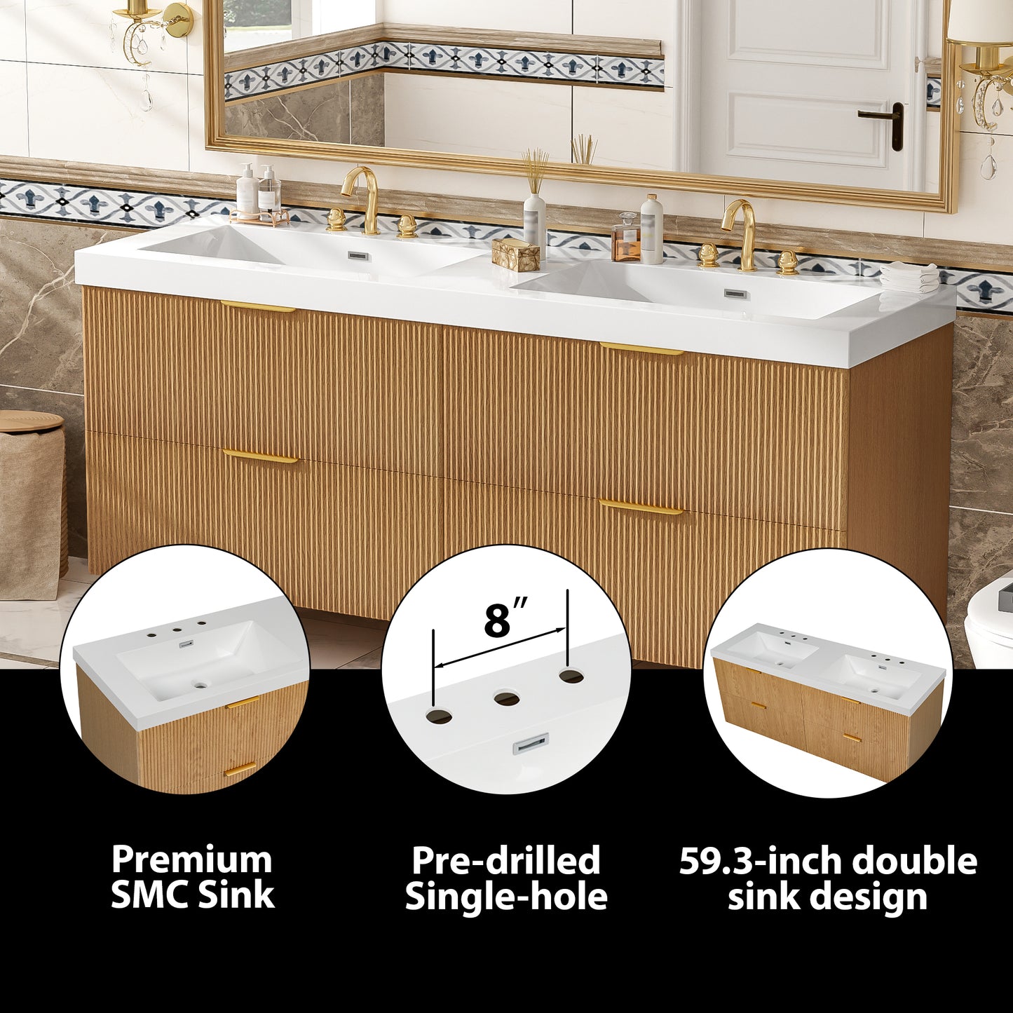 59.3 Inch Double Sink Bathroom Vanity With SMC Top, Painted MDF Cabinet , Soft Close  Drawers, Wall-Mounted Modern Storage Vanity