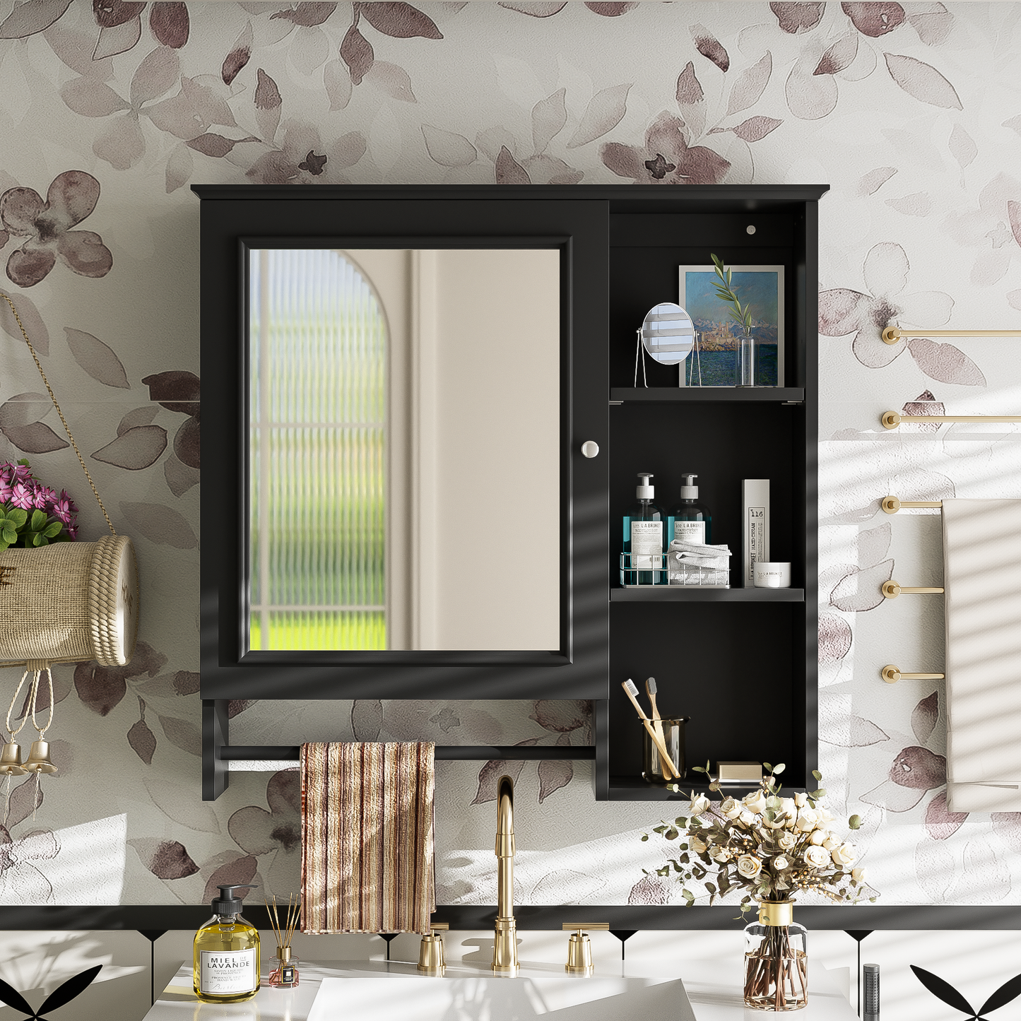 Wall Mounted Bathroom Storage Cabinet, Medicine Cabinets With Large Mirror Door, Adjustable Shelves And Three Open Storage Levels Not Include Bathroom Vanity