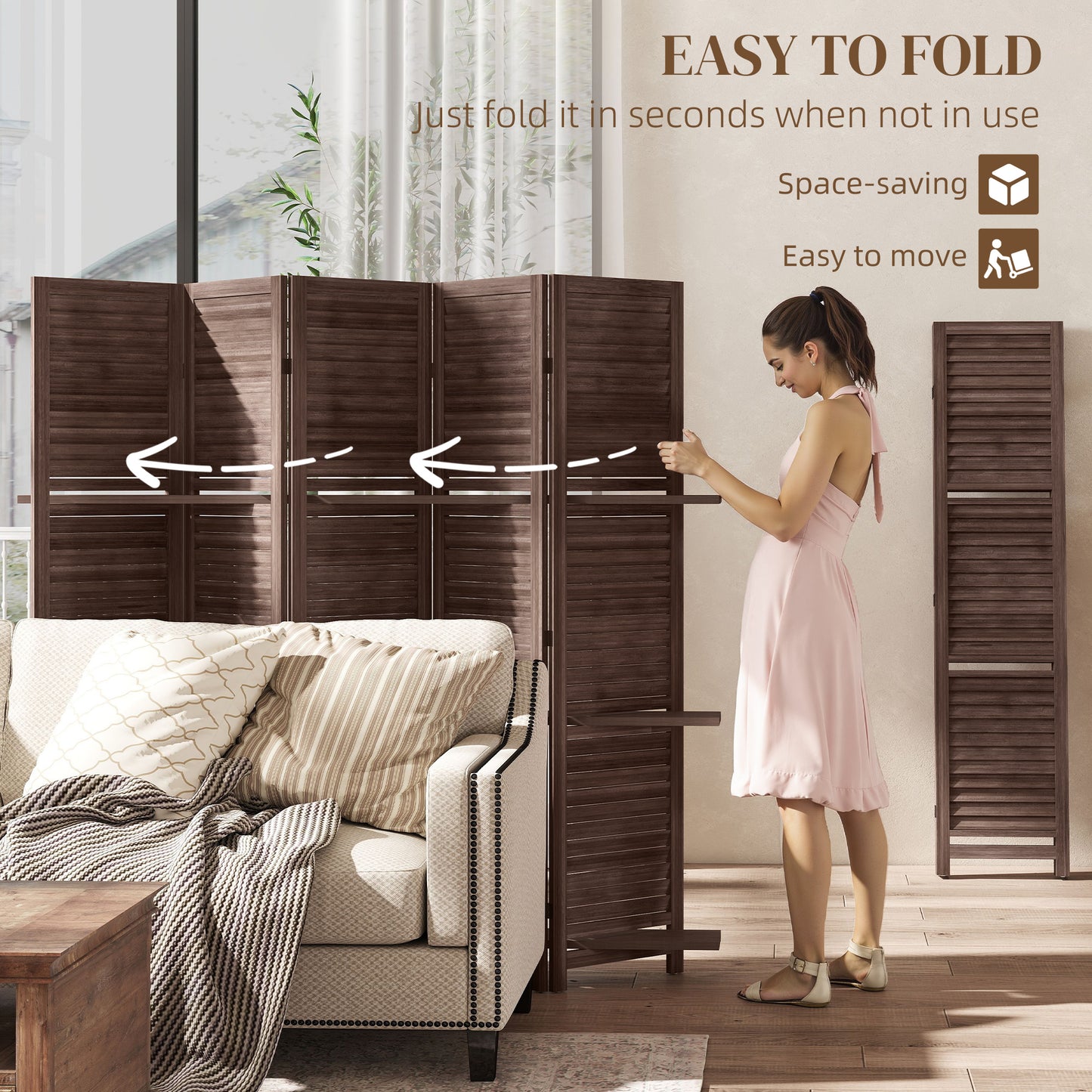 5 Panel 67" Tall Wood Privacy Screen Room Divider With 3 Shelves And Folding Storage For Bedroom, Walnut