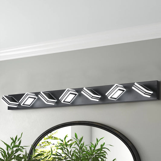 45in  Modern Black 7-Light LED Vanity Light, Square Acrylic Lampshades Wall Mount Fixture For Bathroom, Mirror Lighting