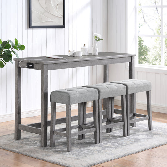 Bar Table Set With Power Outlet, Bar Table And Chairs Set, 4 Piece Dining Table Set, Industrial Breakfast Table Set, For Living Room, Dining Room, Game Room