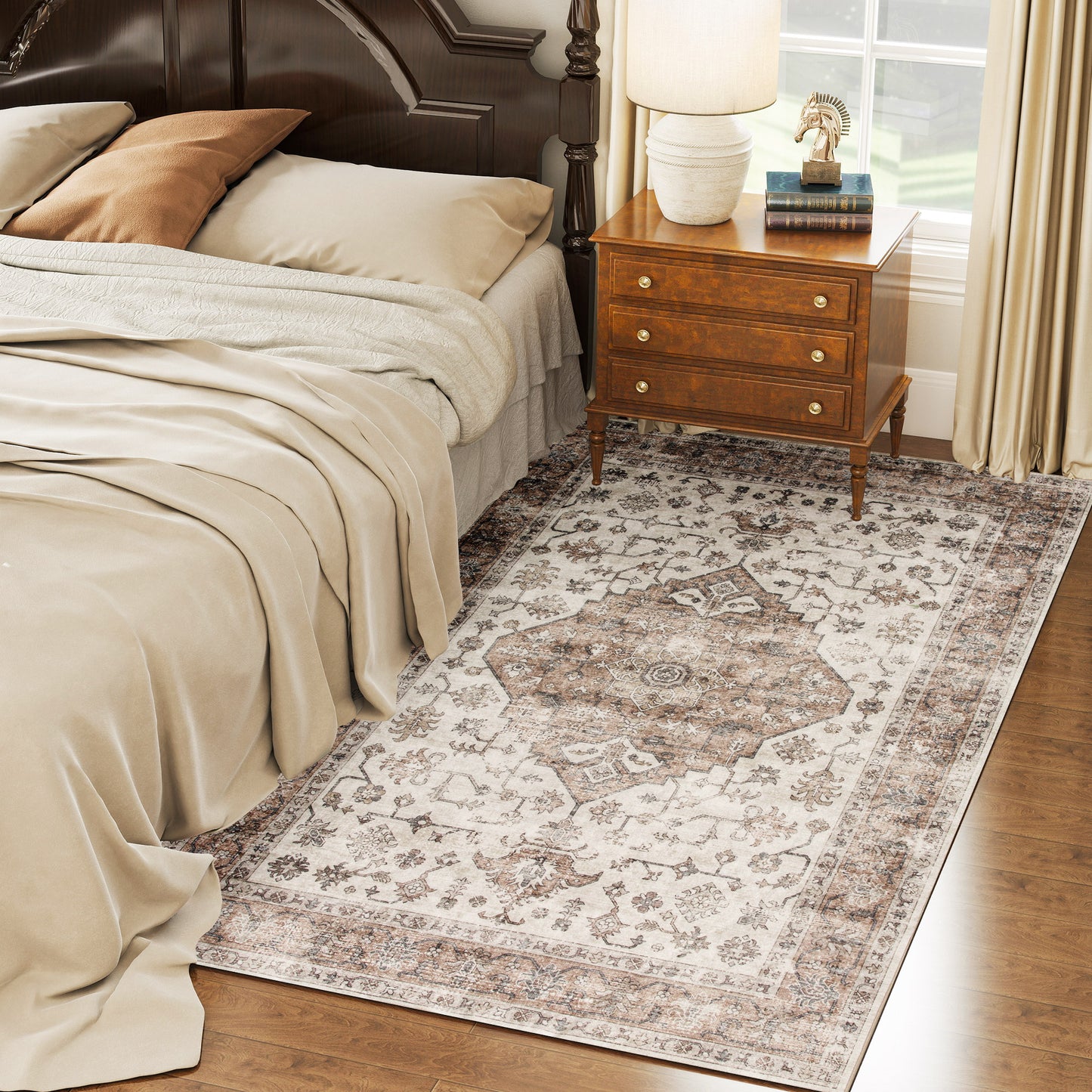 4x6 Area Rug, Vintage Machine Washable Rug, Non-Slip Floor Carpet For Living Room, Bedroom, Dining Room, Tan