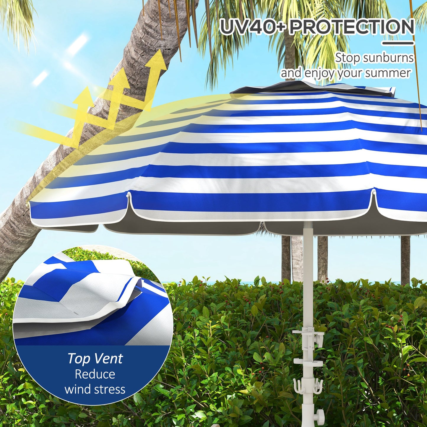 5.7' Beach Umbrella For Travel With Tilt, Adjustable Height, 2 Cup Holders, Hooks, Vent, Ruffles, Blue Stripe