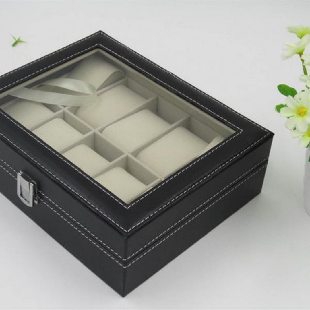 10 Compartments High-grade Leather Watch  Storage Box Black