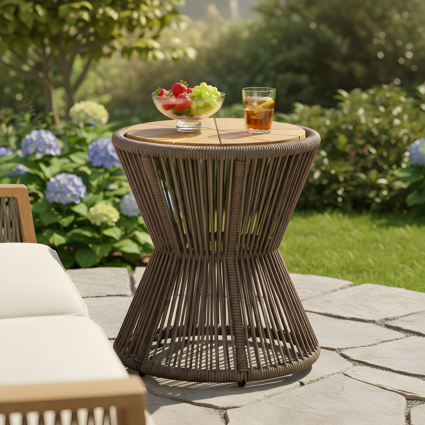 Outdoor Side Table, Dark Grey Rope & Acacia Wood, 18.90  Height, 16.14  Diameter, Elegant Hourglass Design, Weather Resistant, For Patio, Deck, Garden, Balcony, Modern Minimalist Style