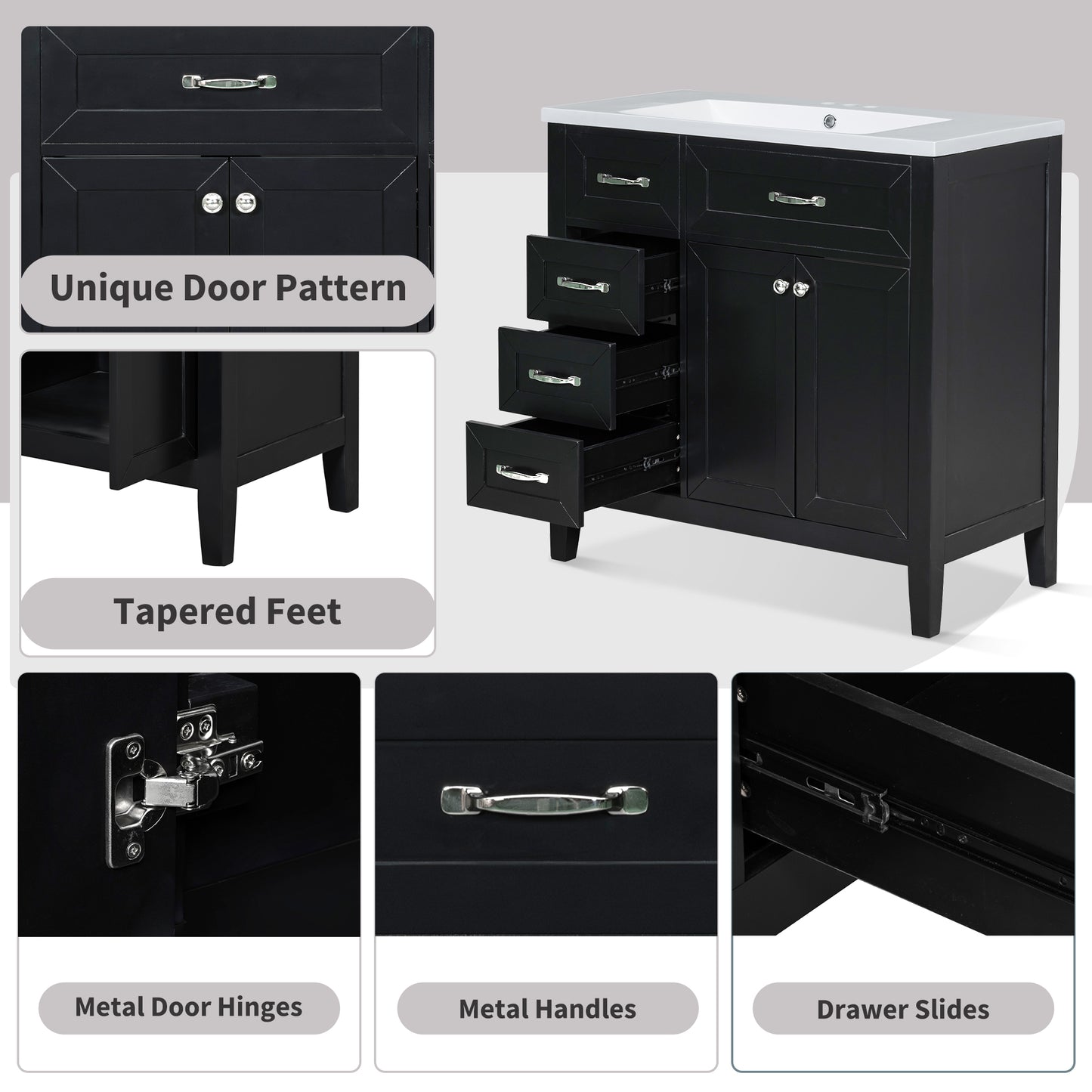 36 Bathroom Vanity Without Sink, Cabinet Base Only, Bathroom Cabinet With Drawers, Solid Frame And MDF Board, Black