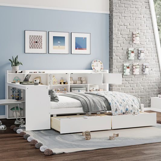 Full Size Wooden L-Shape Daybed With Seven Storage Cabinets And Two Storage Drawers, Multi-functional Bed With Study Desk And Built-in Bookshelf, White Old