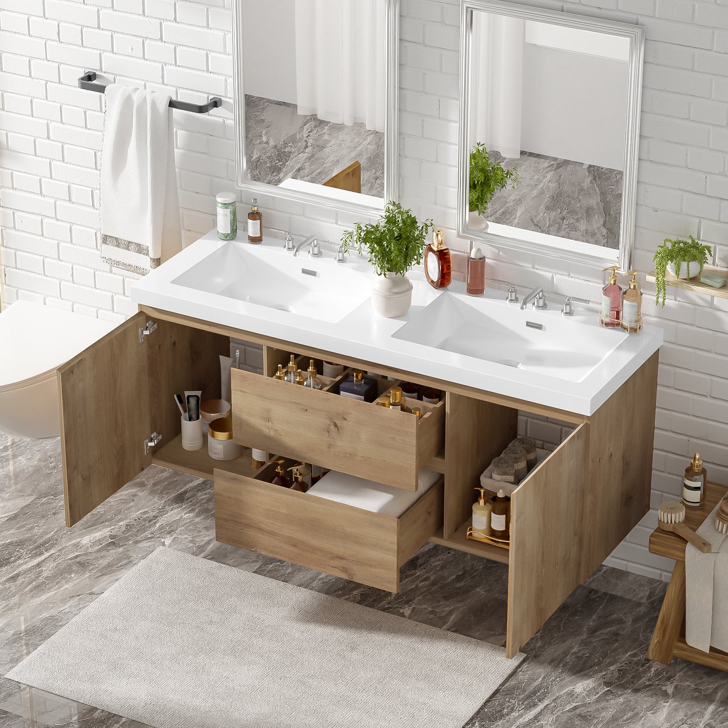 59.3 Inch Double Sink Bathroom Vanity With SMC Top, MDF Cabinet, Soft Close Doors, Divided Drawers, Wall-Mounted Modern Storage Vanity For Large Bathrooms