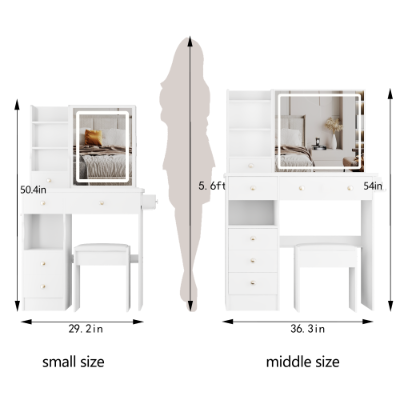 29.2 Small Size Left Drawer Desktop Vanity Table  Cushioned Stool, 2 AC2 USB Power Station, Hair Dryer Bracket, Extra Large Touch Control Sliding LED Mirror, Tri-color Switching, Brightness Adjust