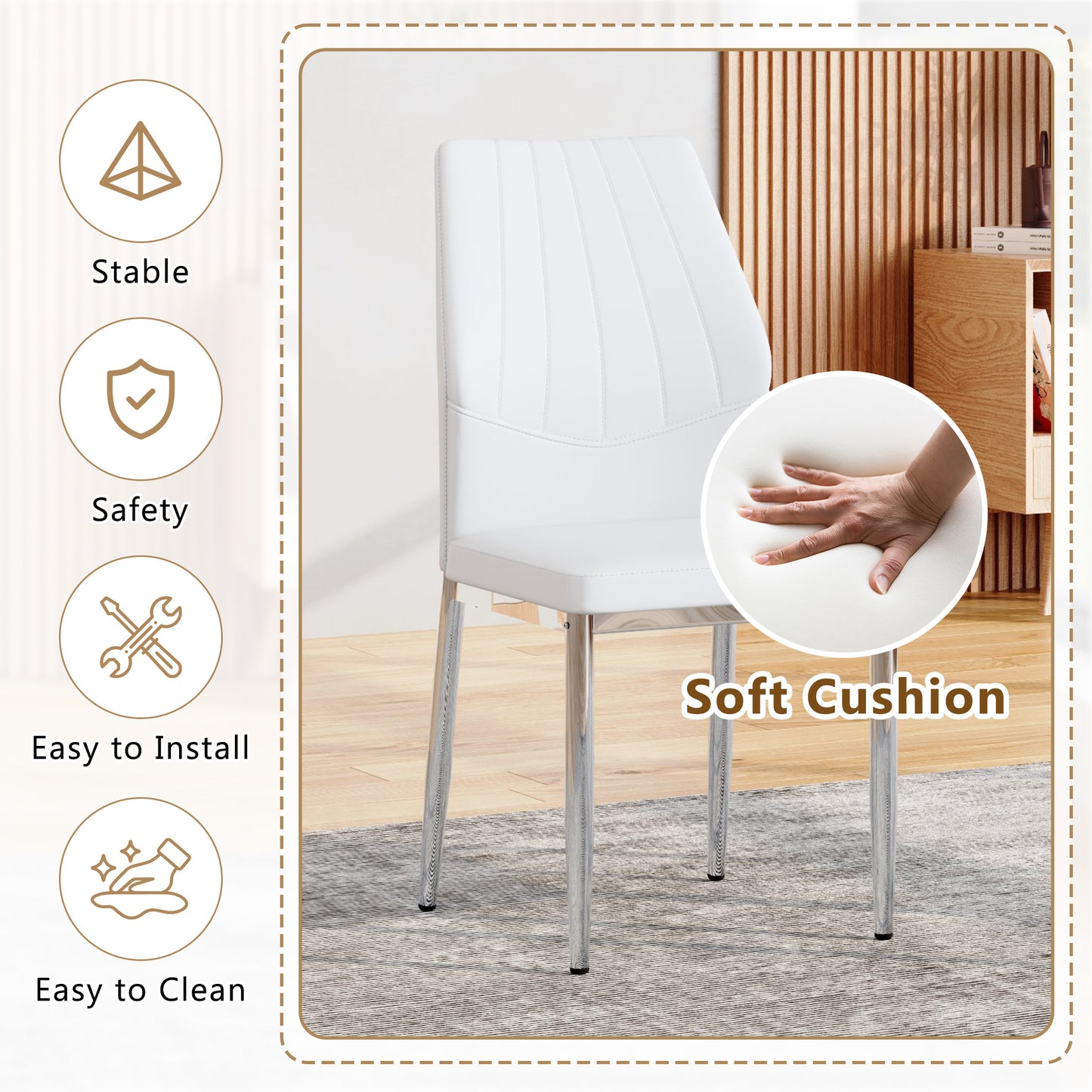 Set Of 6 Silver - And - White Dining Chairs,37 Inches High,Ergonomic PU Backrest, Combines Comfort And Style.Perfectly Blends Comfort And Elegance, Injecting More Comfort And Style Into Dining Time.