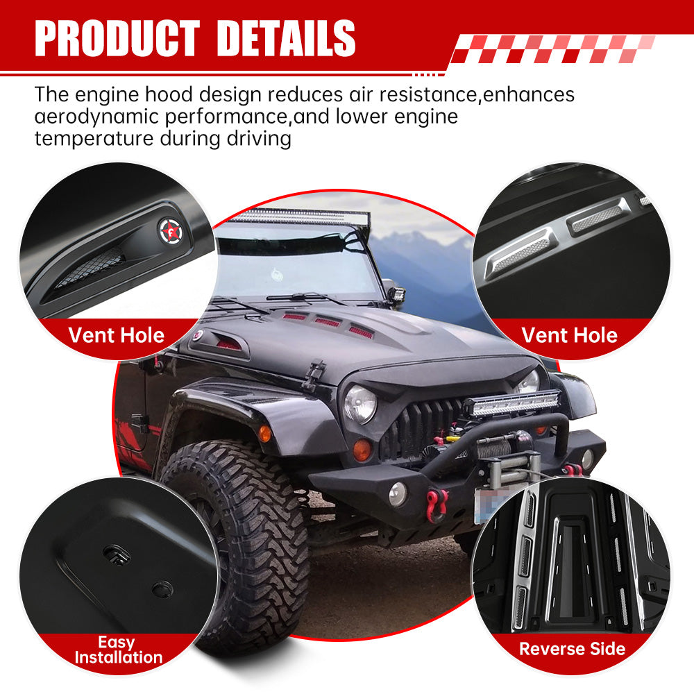 The Avenger Style Replacement Hood Compatible With 2007-2017  Wrangler JK JKU Unlimited Rubicon Black