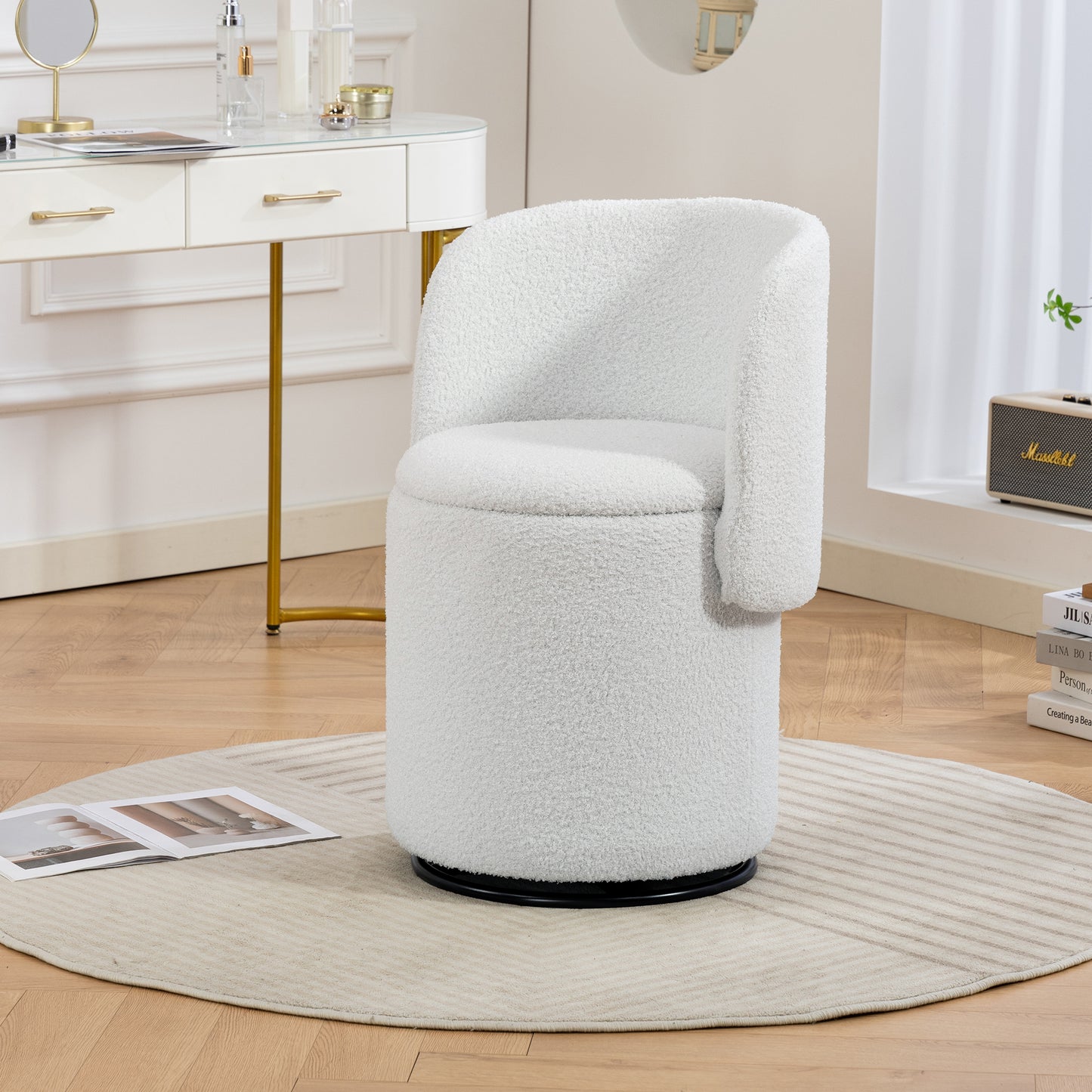 Stylish Upholstered Barrel Chair 360 Swivel Vanity Stool For Bedroom & Dining Chair, Built-in Storage, Soft Padded Accent Seat, Multi-Functional For Dressing Dining, Free Cat Bed Stool Included,