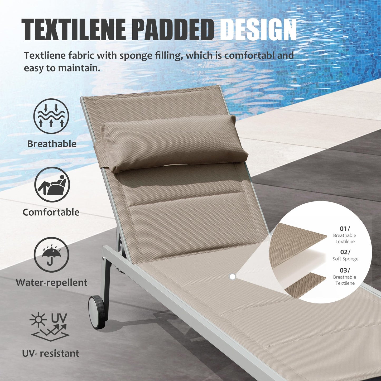 Outdoor Patio Chaise Lounge Set Of 3, Aluminum Pool Lounge Chairs With Side Table And Wheels, Textilene Padded Adjustable Recliner All Weather For Poolside, Beach, Yard, Balcony   Khaki