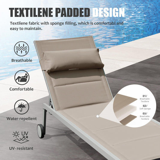 Outdoor Patio Chaise Lounge Set Of 3, Aluminum Pool Lounge Chairs With Side Table And Wheels, Textilene Padded Adjustable Recliner All Weather For Poolside, Beach, Yard, Balcony   Khaki
