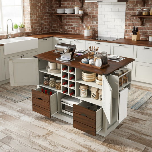 K&K 54  Farmhouse Kitchen Island With Drop Leaf, Power Outlet, Kitchen Storage Cart With 2 Doors, 2 Drawers, Rolling Kitchen Island On 4 Large Wheels With Spice Rack For Kitchen, Dining Room, White