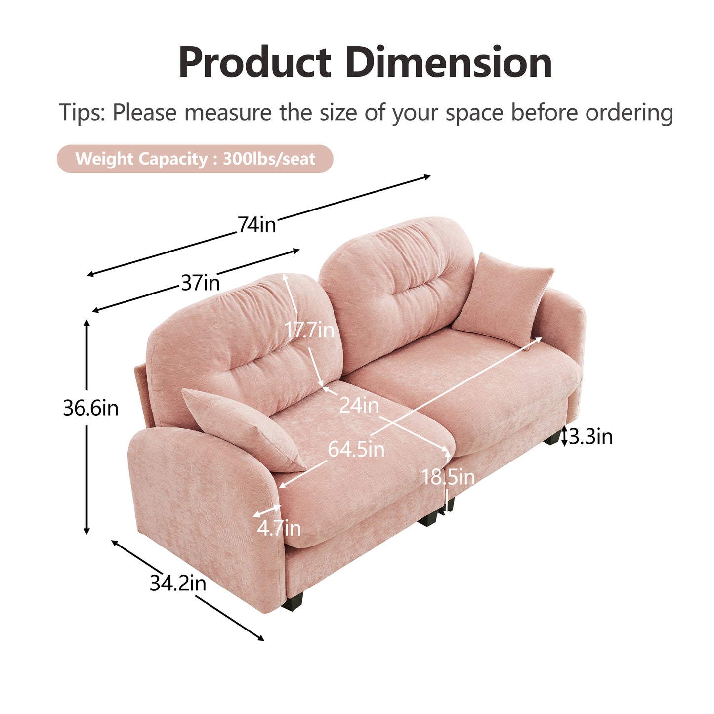 Loveseat Cloud Sectional Couches Chenille Fabric,Quilted Pleated Design, Ergonomic Design,High-Density Foam Easy Install Elegant Armrests High Quality Wooden Base,Fits Living Rooms,Pink