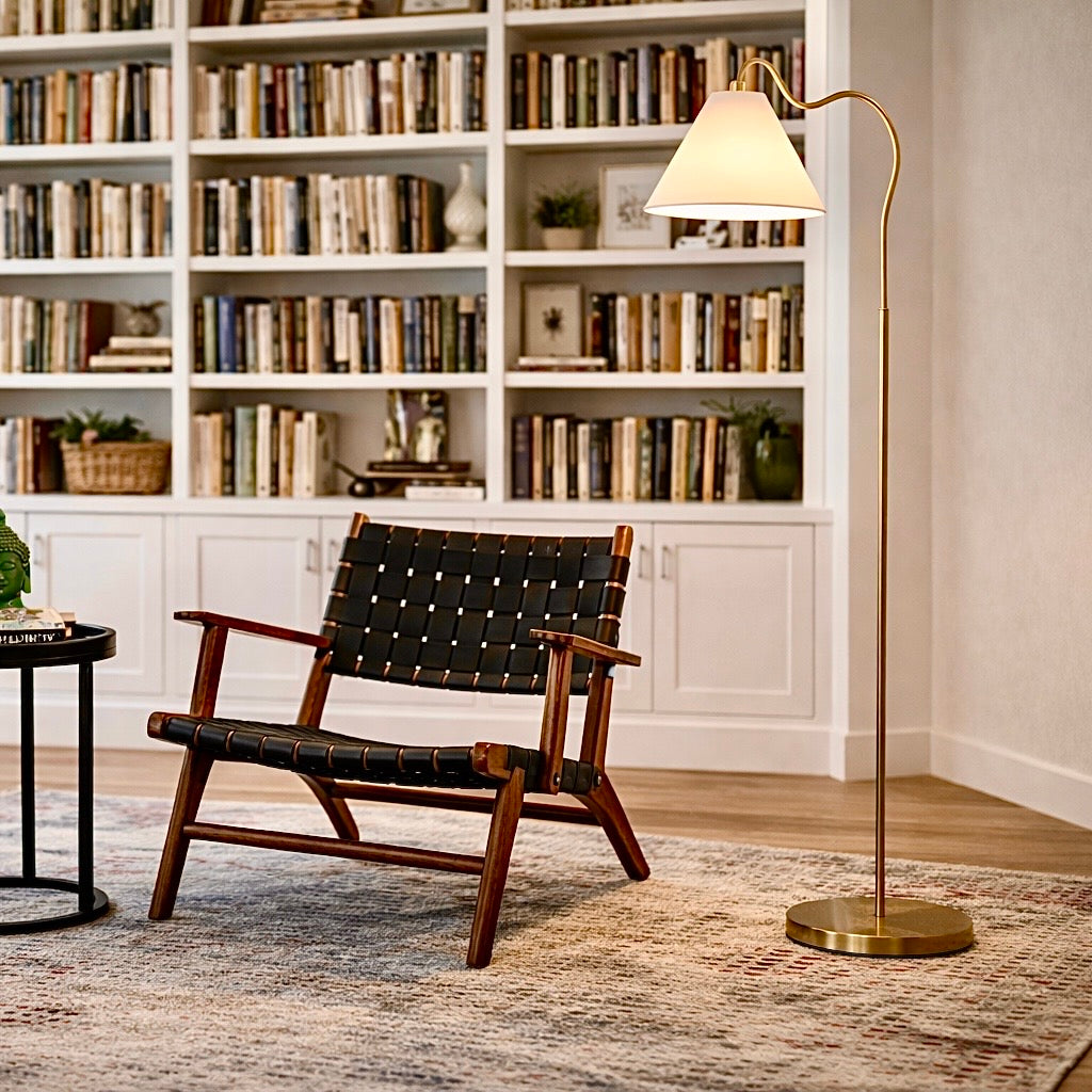 Majestic Brass Ring Base Curved Floor Lamp With Triangle White Drum Shade