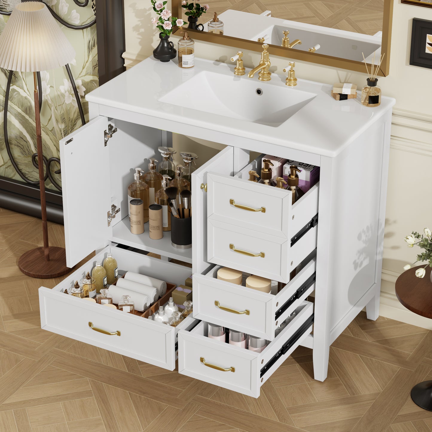 36  Bathroom Vanity With Sink, Bathroom Cabinet With Soft-Closing Door, 4 Drawers Of Different Sizes, Solid Wood Frame And Leg, Two Packages, White