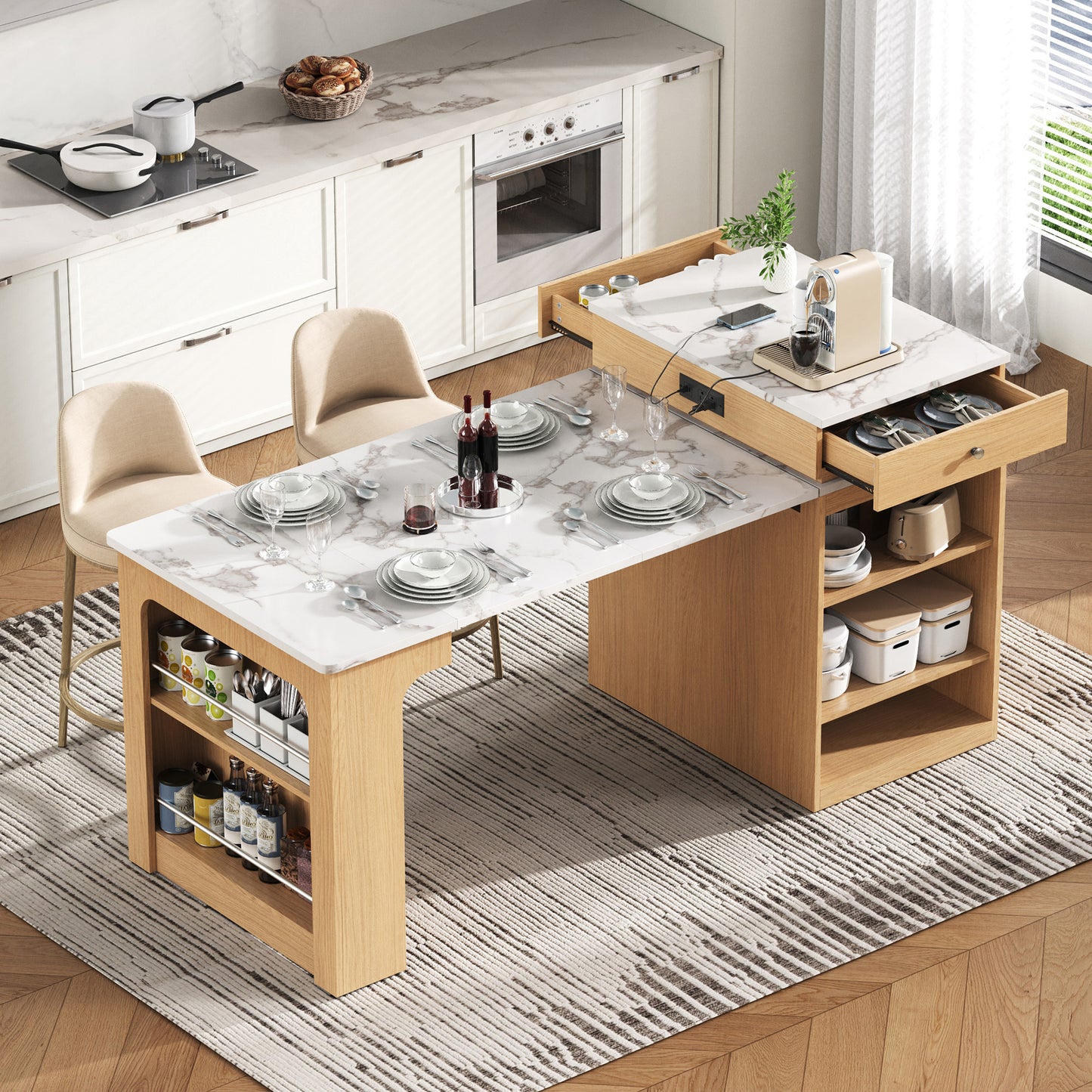 59.5 Kitchen Island With Extendable Dining Table,Kitchen Storage Table With Double-sided Storage,Kitchen Island With 2 Drawers,Power Outlet,Side Open Shelves,for Kitchen,Dining Room,Natural
