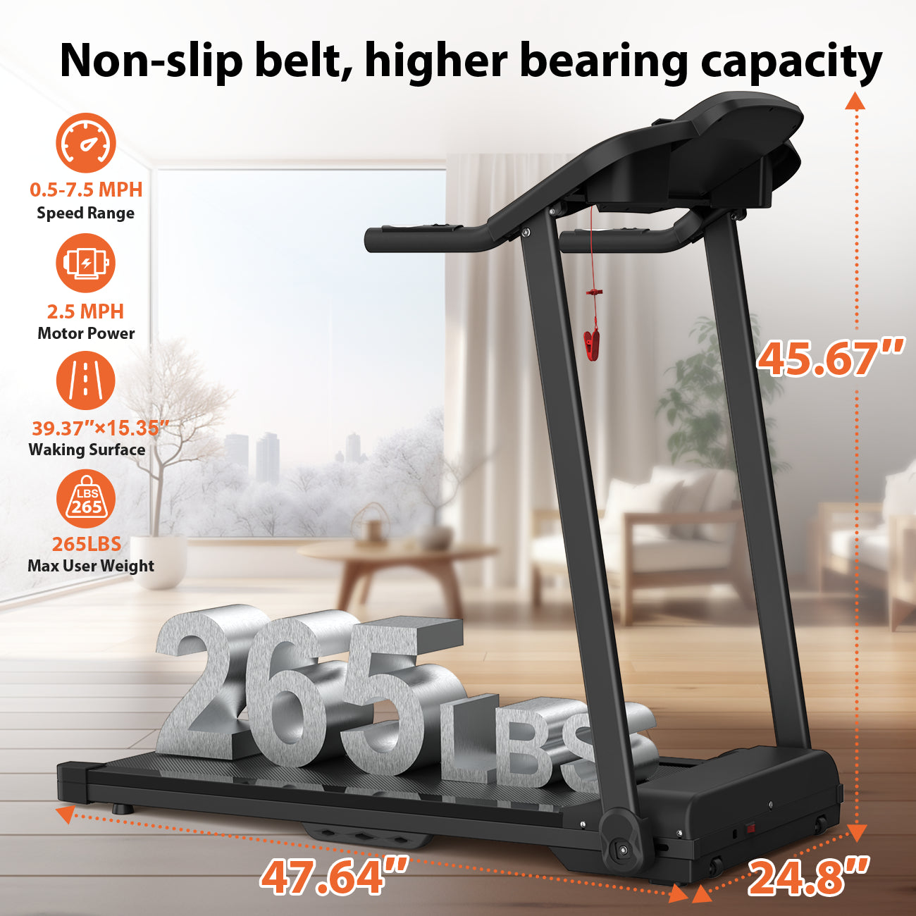 Foldable Treadmill 2.5HP Electric Folding Treadmill Running Walking Machine For Home Gym, Max 265 LBS Weight Capacity
