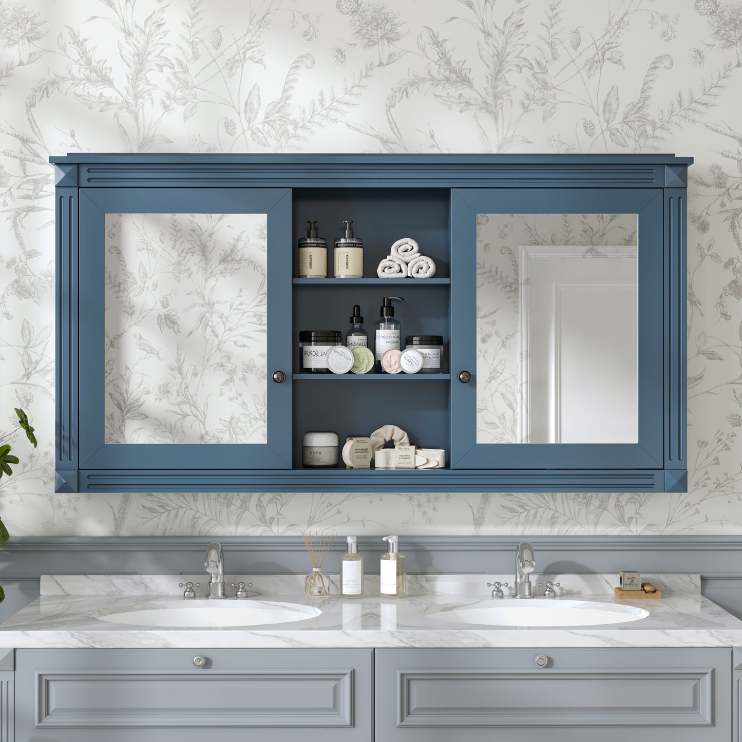 55 Inch Wall-Mount 2-in-1 Mirror Cabinet With Adjustable Shelves, Soft-Closing Hinges, High-Definition Mirrors, For Bathroom Vanity, Living Room, Bedroom Storage Organizer