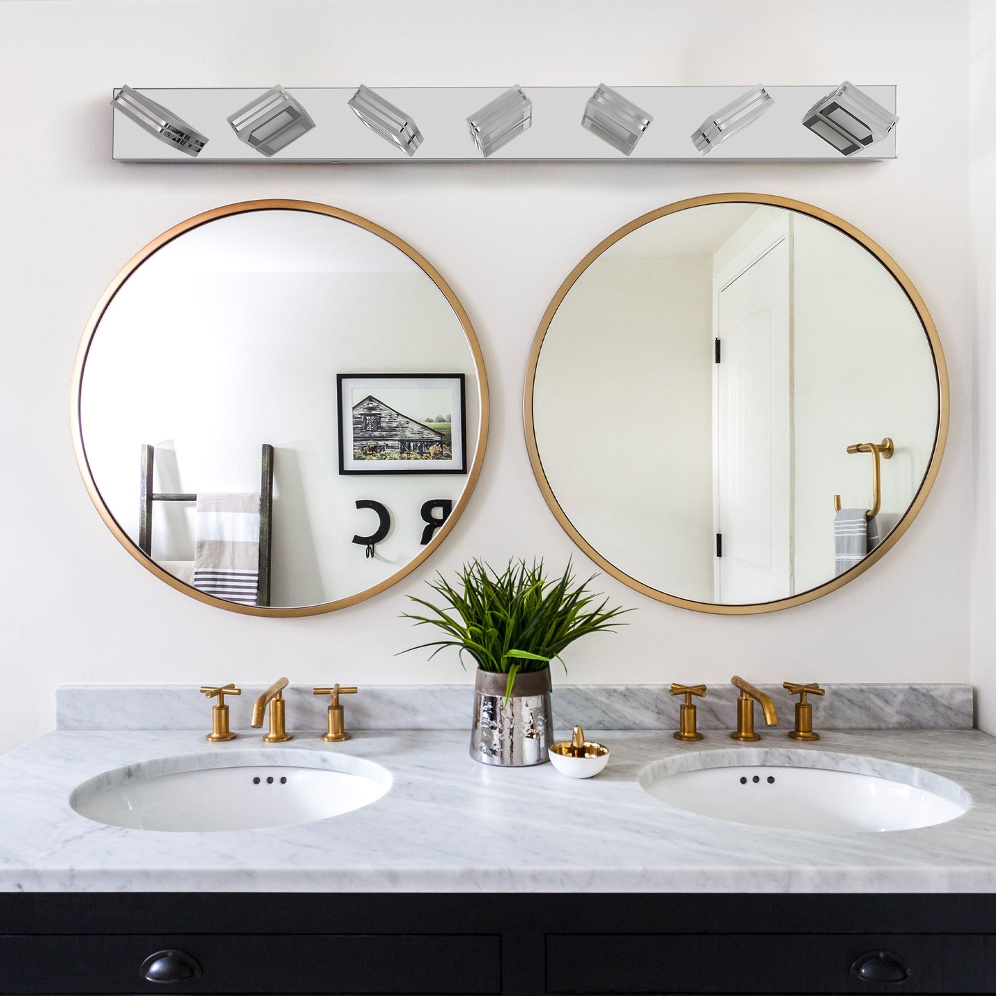 45in  Modern Chrome 7-Light LED Vanity Light, Square Acrylic Lampshades Wall Mount Fixture For Bathroom, Mirror Lighting