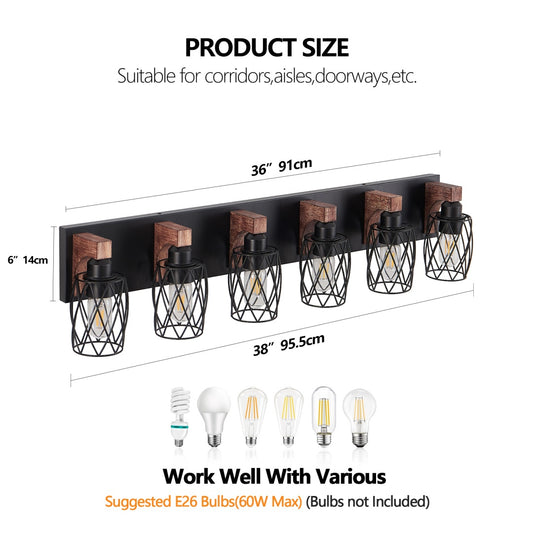 38  Industrial Vintage 6-Light Wall Sconce - Black Cage Wall Lighting Fixture With Wooden Accents For Bathroom, Hallway, Or Living Room Bulb Not Included