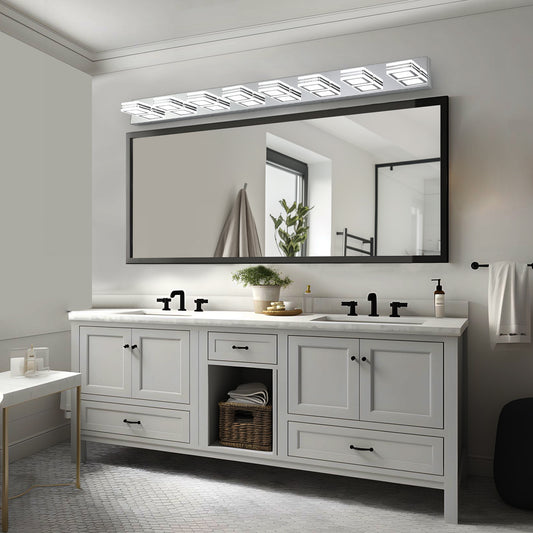 52  Modern Chrome 8-Light LED Vanity Light, Square Acrylic Lampshades Wall Mount Fixture For Bathroom, Mirror Lighting