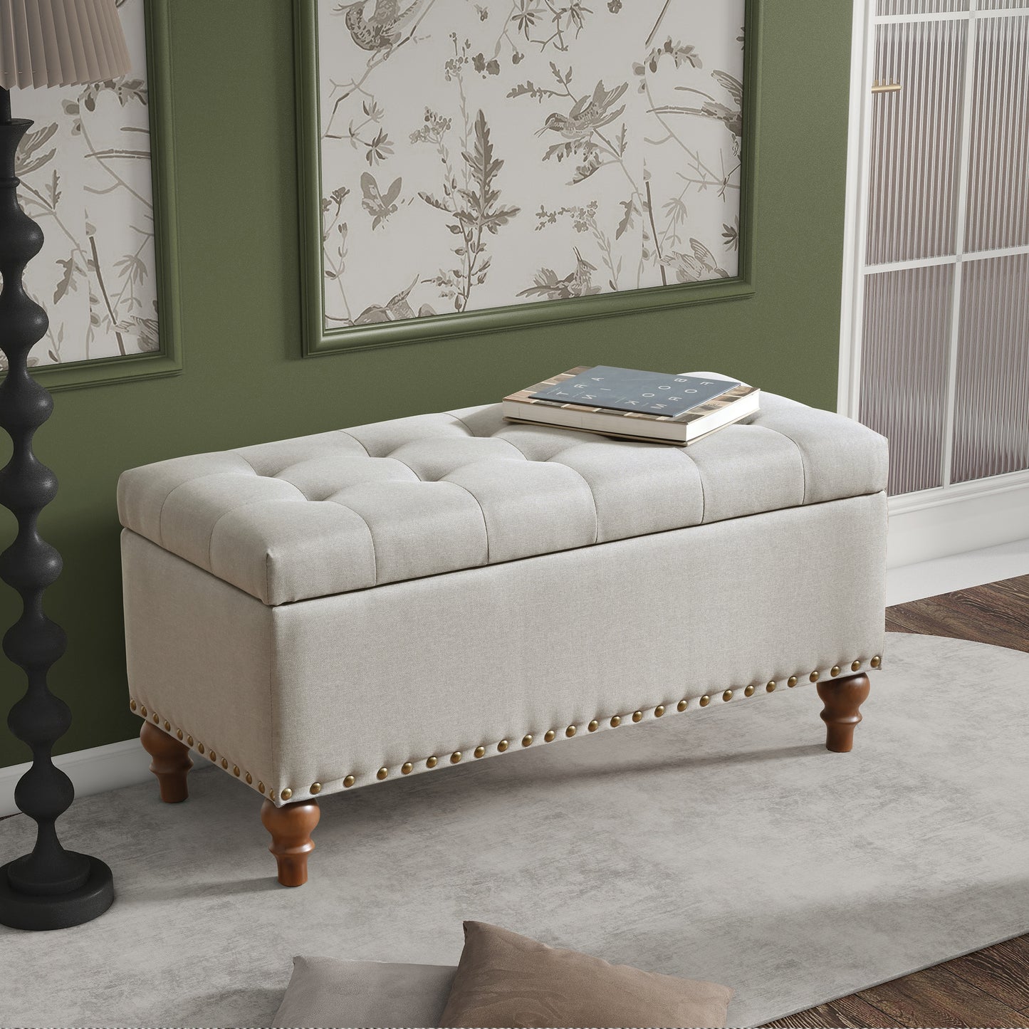 Ottoman Storage Bench, Recessed Support Hinge Top Easy To Open, Rivet Trim Around, Bedroom, Entrance, Living Room, Linen   Beige