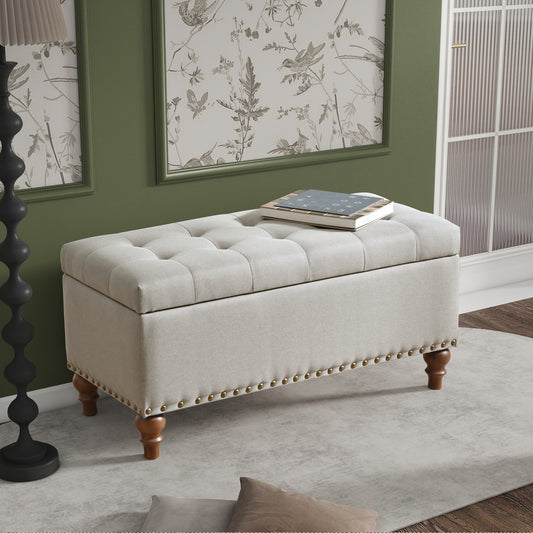 Ottoman Storage Bench, Recessed Support Hinge Top Easy To Open, Rivet Trim Around, Bedroom, Entrance, Living Room, Linen   Beige