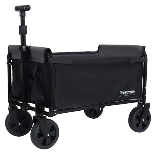 All- In- One Convertible Folding Camping Wagon Cart  Bench Seat  Storage Compartment & Included Dog Tether  Black Gray