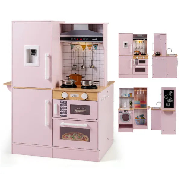 Pink Dual-Sided Kids Play Kitchen With Water Dispenser And Range Hood For 3+ Years Old