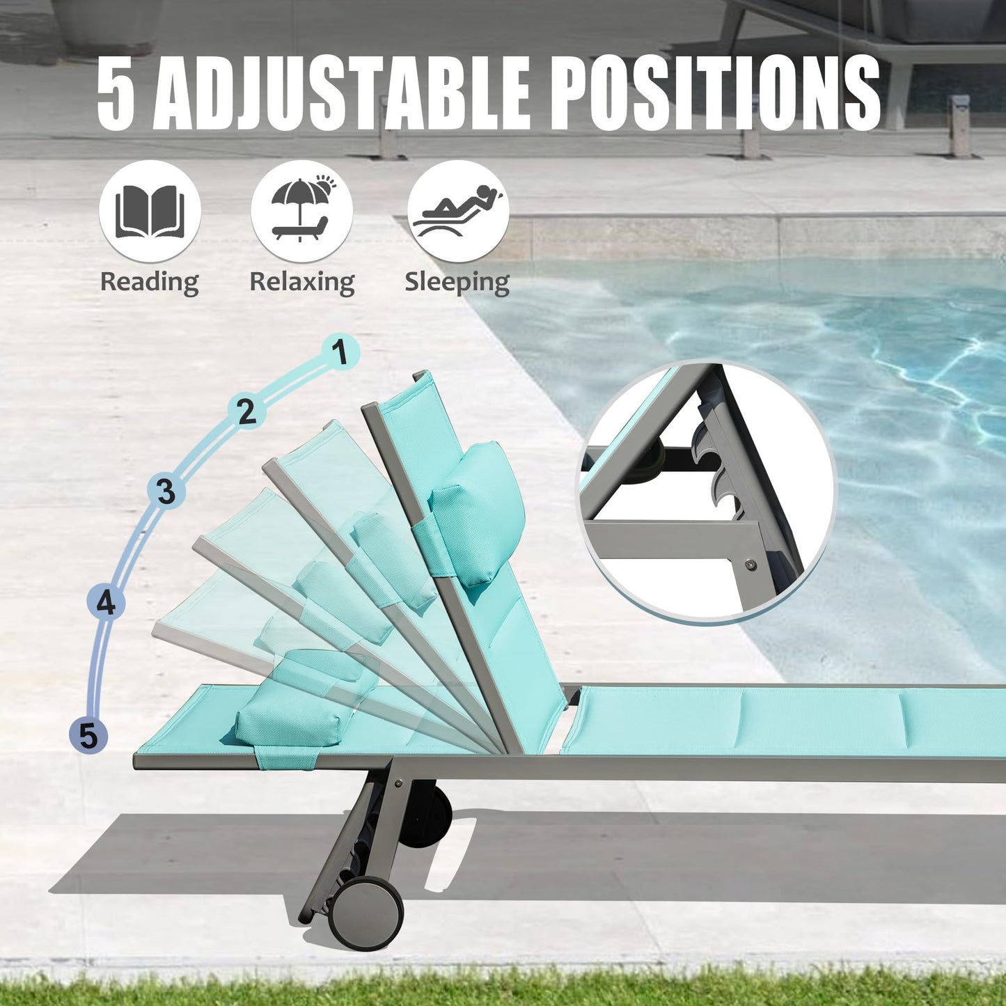 Outdoor Patio Chaise Lounge Set Of 3, Aluminum Pool Lounge Chairs With And Wheels, Textilene Padded Adjustable Recliner All Weather For Poolside, Beach, Yard, Balcony  Lake Blue
