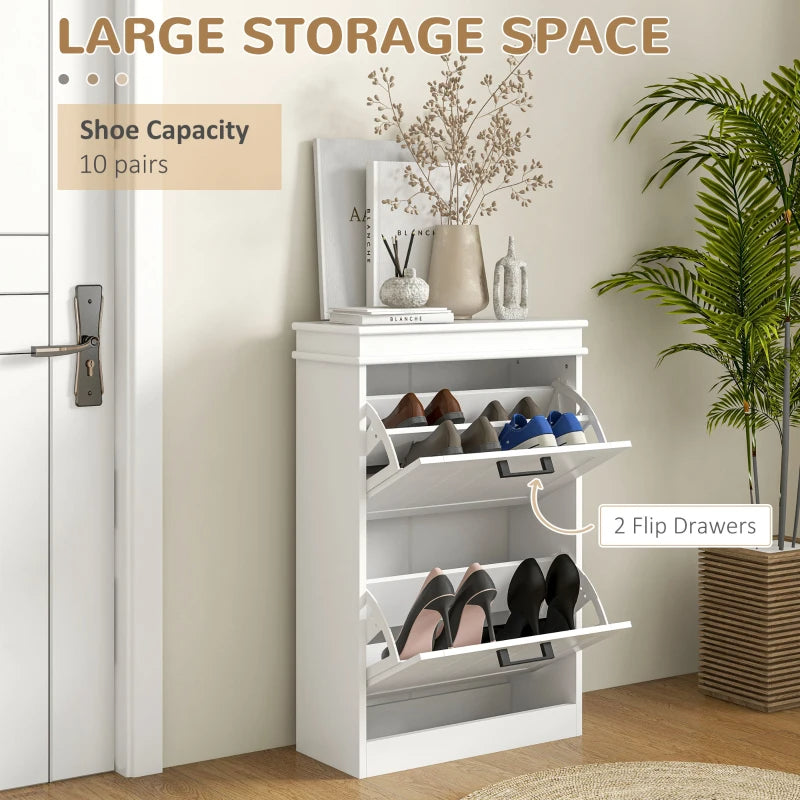 Modern Shoe Storage Cabinet With 2 Flip Drawers For 10 Pairs, Narrow Shoe Organizer For Entryway, Hallway, White