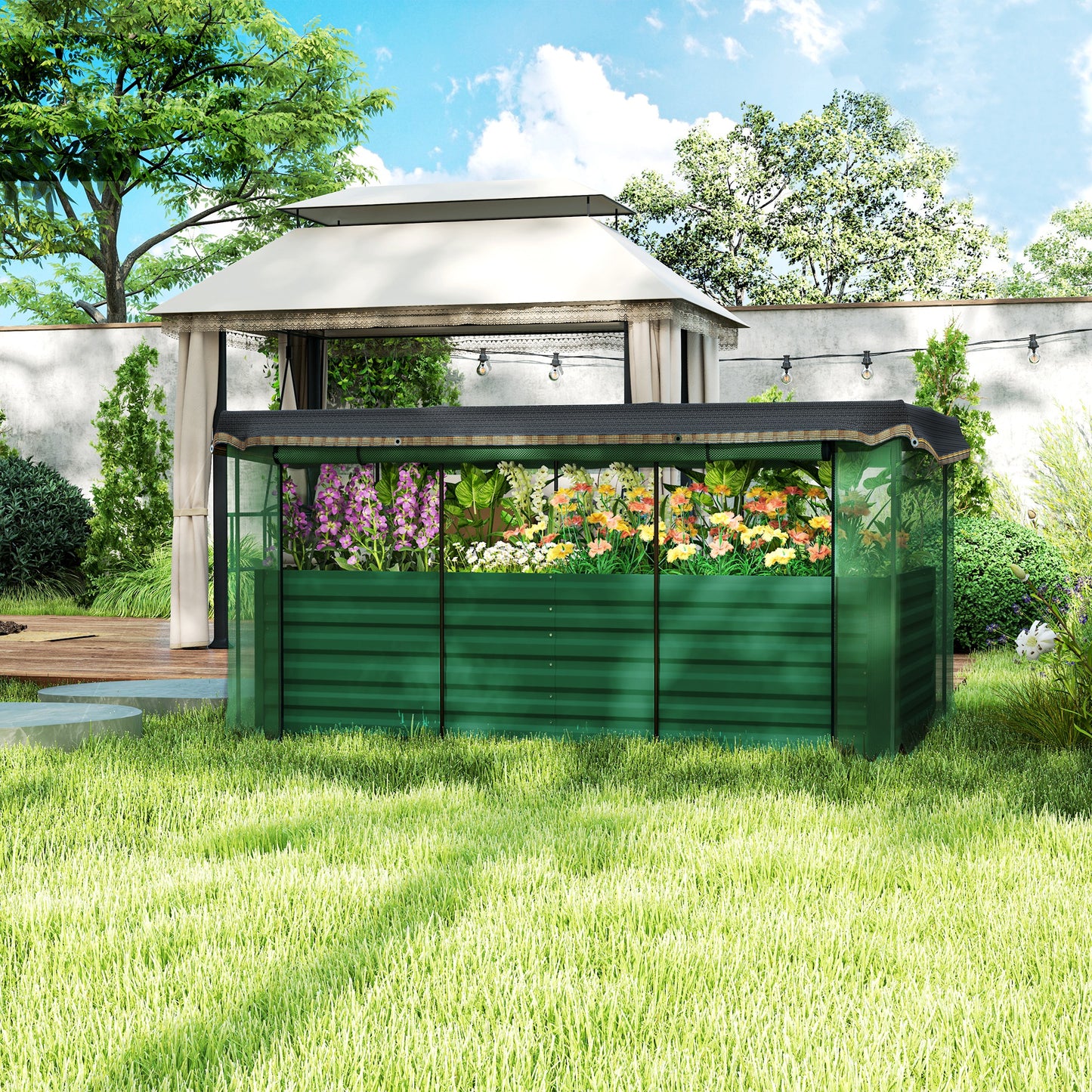 Galvanized Steel Planter Box With Crop Cage And Shade Cloth, Raised Garden Bed For Flowers, Veggies And Herbs, Green