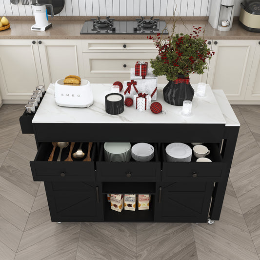74.8 Kitchen Island With Extendable Dining Table  Marble Veneer Top & Built-in Power Outlet - Mobile Storage Cart With 3 Drawers & Cabinet  Rolling Kitchen Cart For Dining Room  Black
