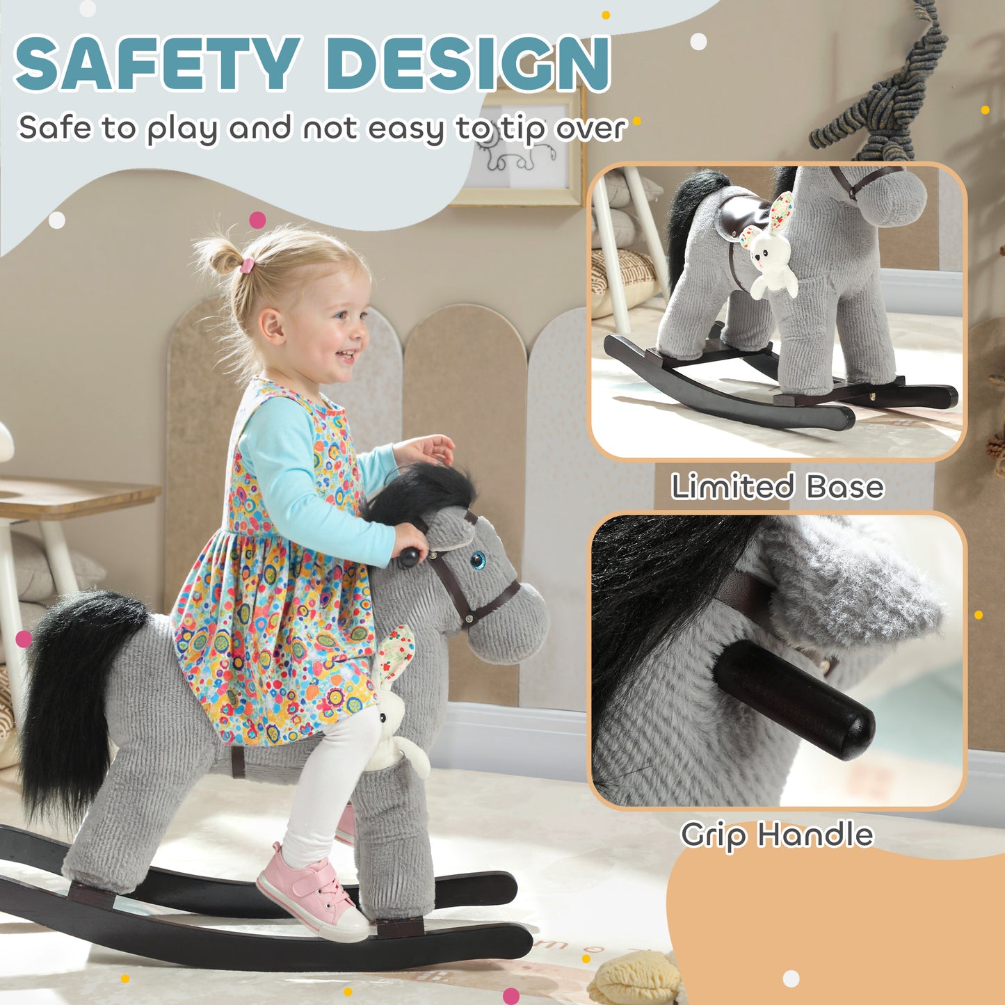 Kids Rocking Horse, Plush Toddler Ride On Toy With Realistic Neigh And Toy For 2–5 Years Old, Gray