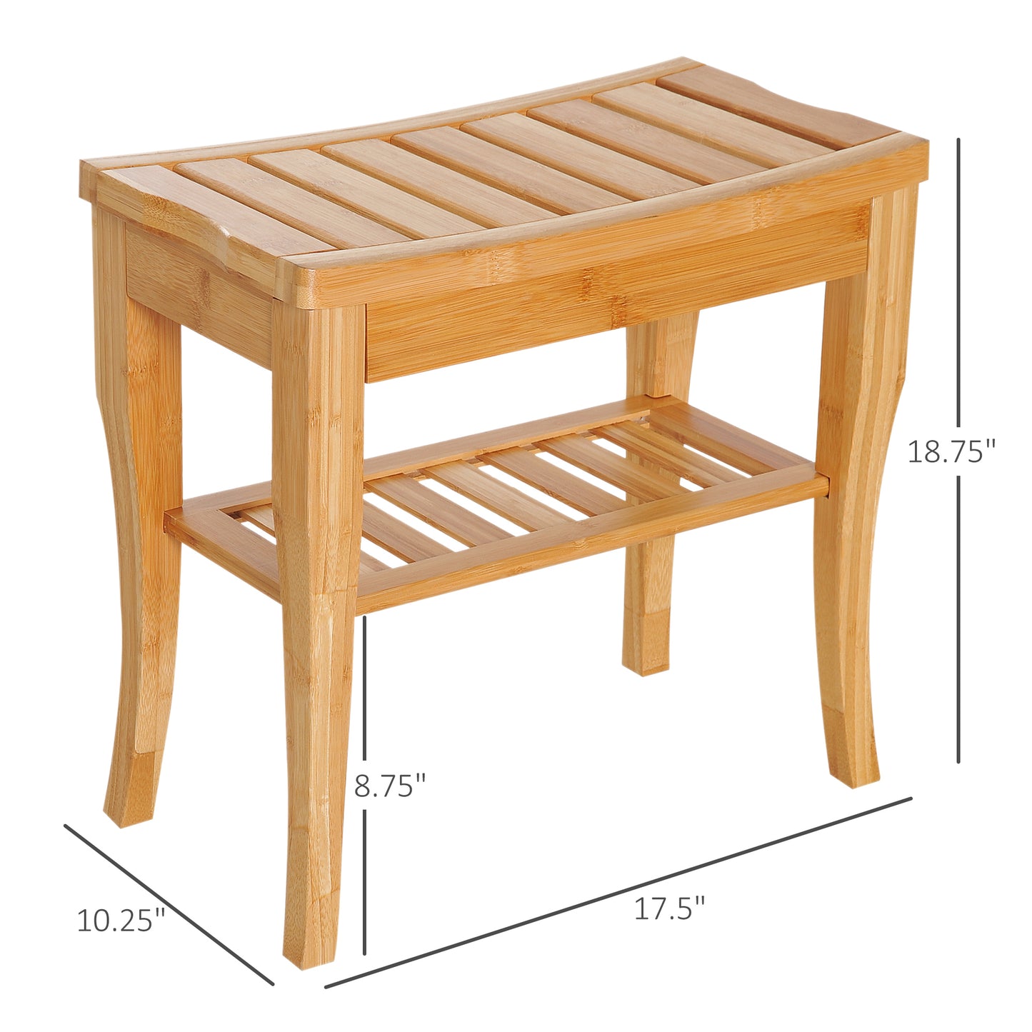 Long Bamboo Shower Bench Seat, 20" Wooden Spa Shower Stool With Underneath Storage Shelf Shoe Organizer