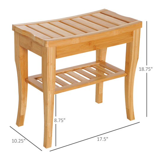 Long Bamboo Shower Bench Seat, 20" Wooden Spa Shower Stool With Underneath Storage Shelf Shoe Organizer