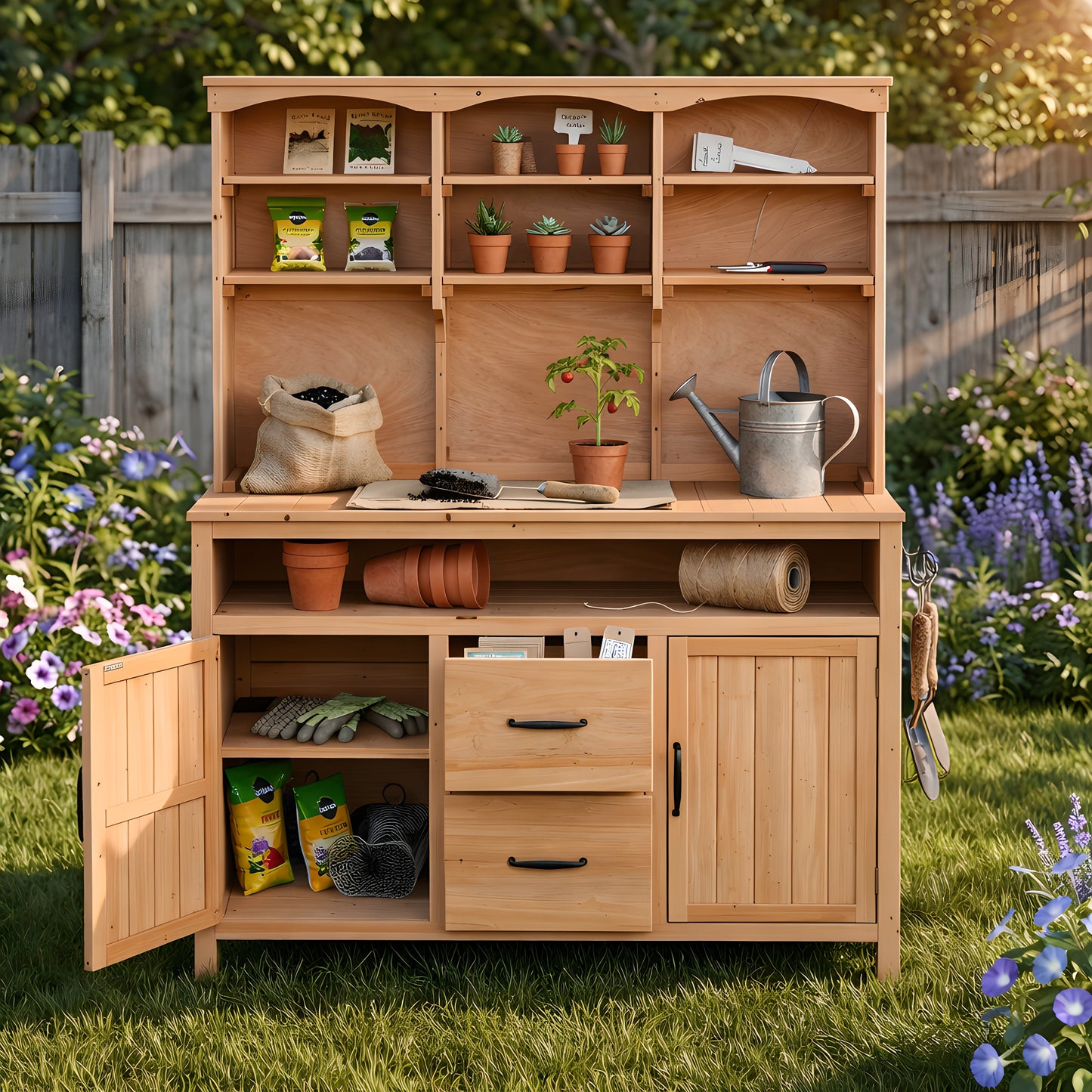 With Assembly Video TOPMAx Large Fir Wood Potting Bench 45.3 L Multi- Functional Outdoor Patio Kitchen Island With Hutch  Cabinets Drawers & Hooks  Large Countertop For Gardening  Grill  Natural Wood