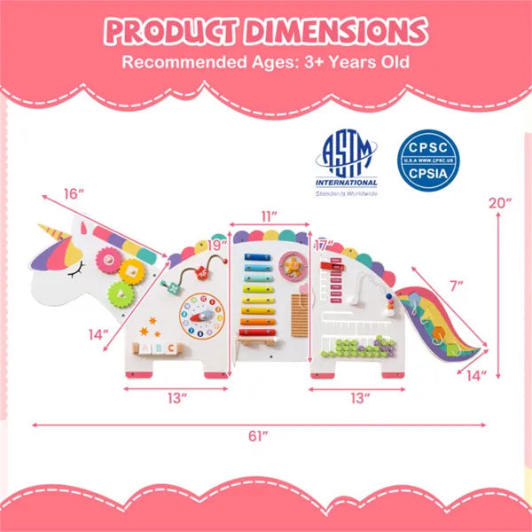 11-in-1 Dinosaur Activity Wall Busy Board Panels-- Wooden Sensory Toy-White