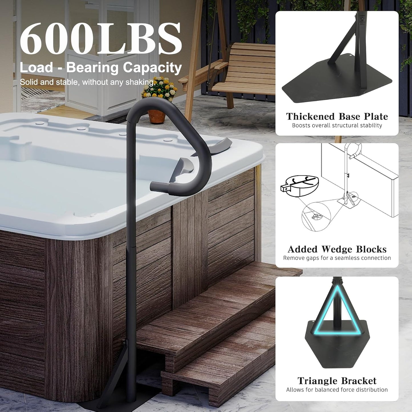 Hot Tub Handrail, Aluminum Spa Hand Rail With 44  -60   Adjustable Height & 360 Swivel, Safety Side Handrails With Slide-Under Mount Base For Most Hot Tubs & Swim Spas, 600 LBS Capacity