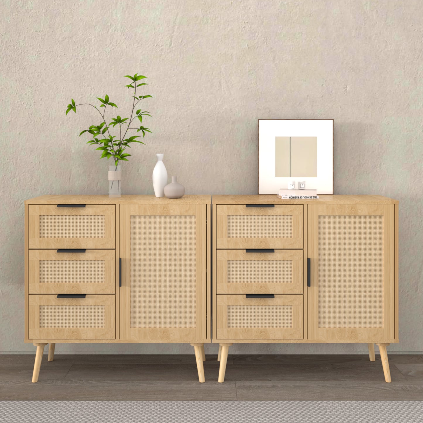 Modern  Rattan Wood  Dresser Wood Storage Cabinet Sideboard For Bedroom, Living Room, Entryway, Hallway
