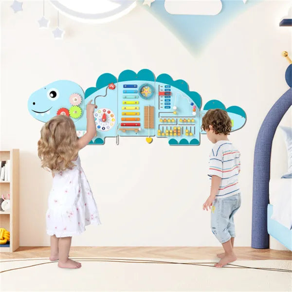 11-in-1 Dinosaur Activity Wall Busy Board Panels-- Wooden Sensory Toy-Blue