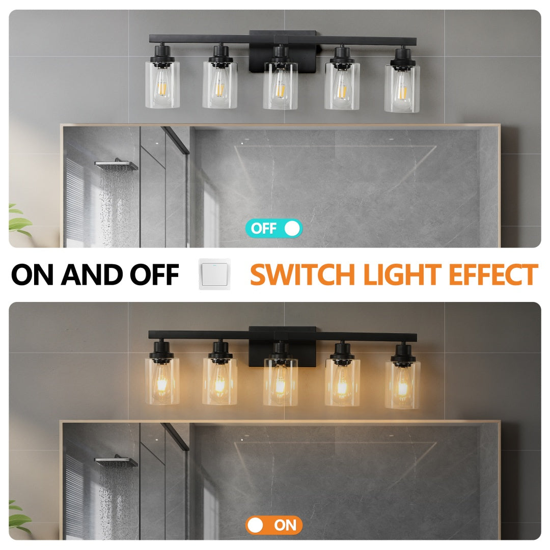 31  Modern Black 5-Light Bathroom Vanity Light Fixture, Industrial Wall Sconce With Clear Glass Shades For Mirror, Bathroom, Bedroom, And Hallway --No Bulbs