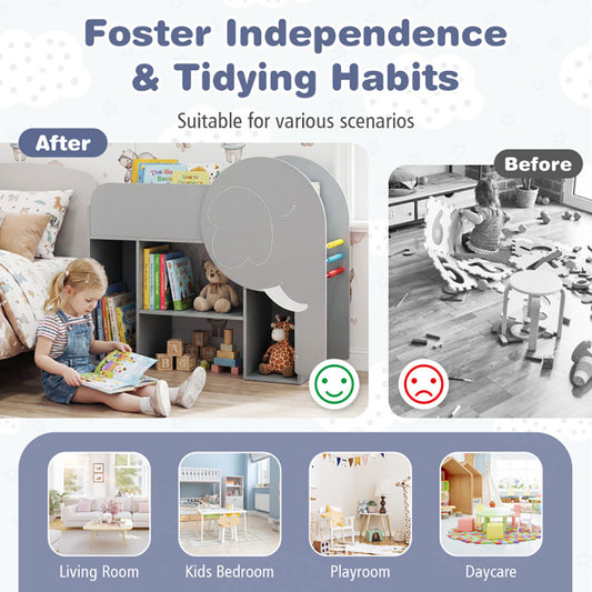 Montessori Bookshelf With Elephant Shape 3-Tier Toddler Toy Storage Organizer  With 3-row Abacus Toy And Chalkboard