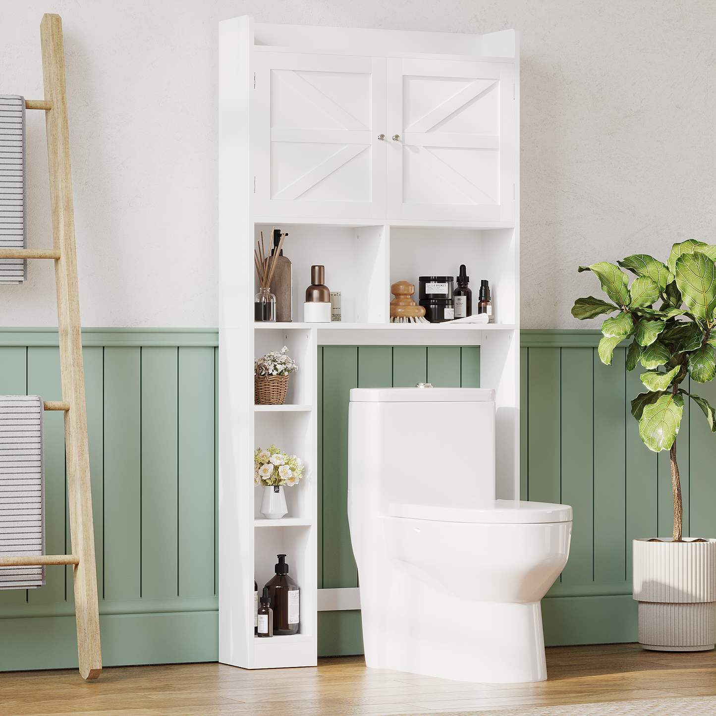 Over-The-Toilet Storage Cabinet With Adjustable Shelf, Bathroom Space Saver With Double Doors And Open Shelves, Freestanding Toilet Organizer Rack For Bathroom Storage  White