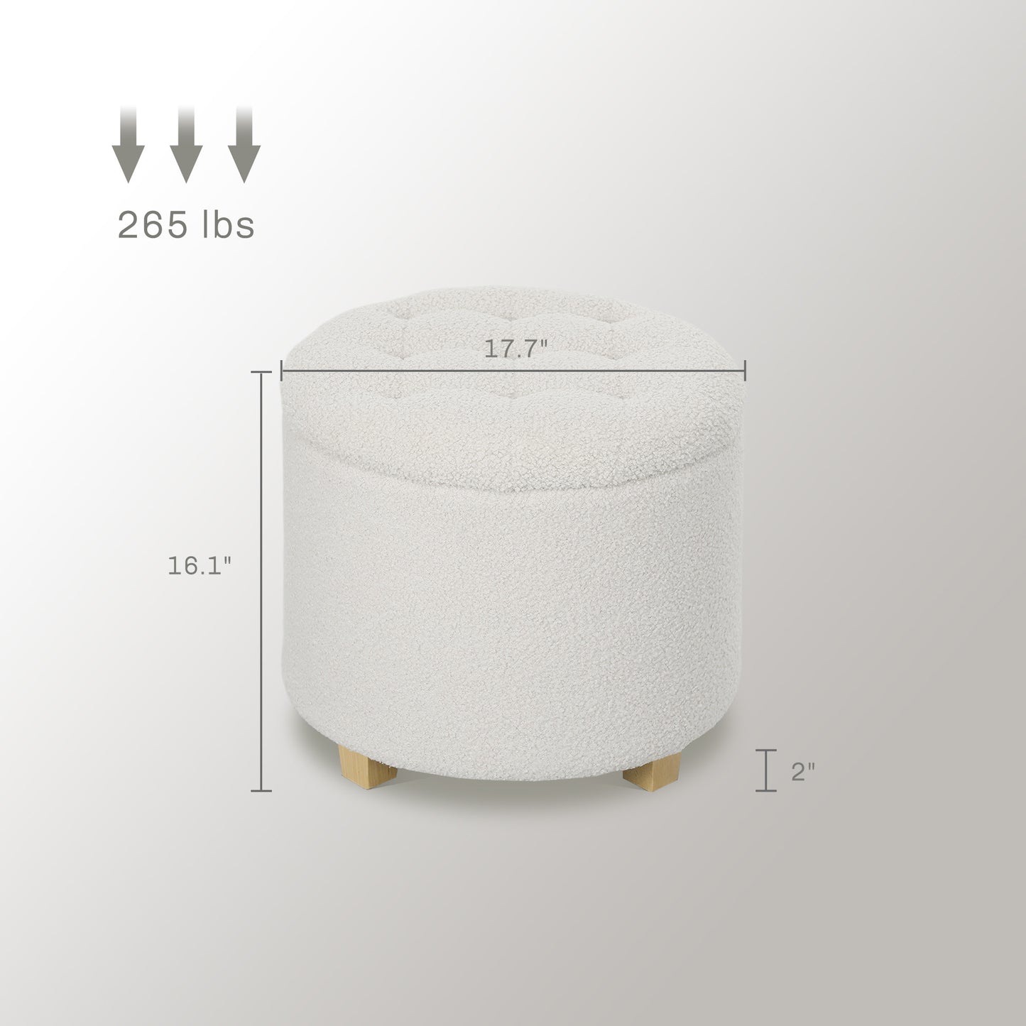 18" Round Ottoman With Storage, Teddy Fleece Button Tufted Foot Stool With Lid, Wood Legs For Living Room Hallway, White